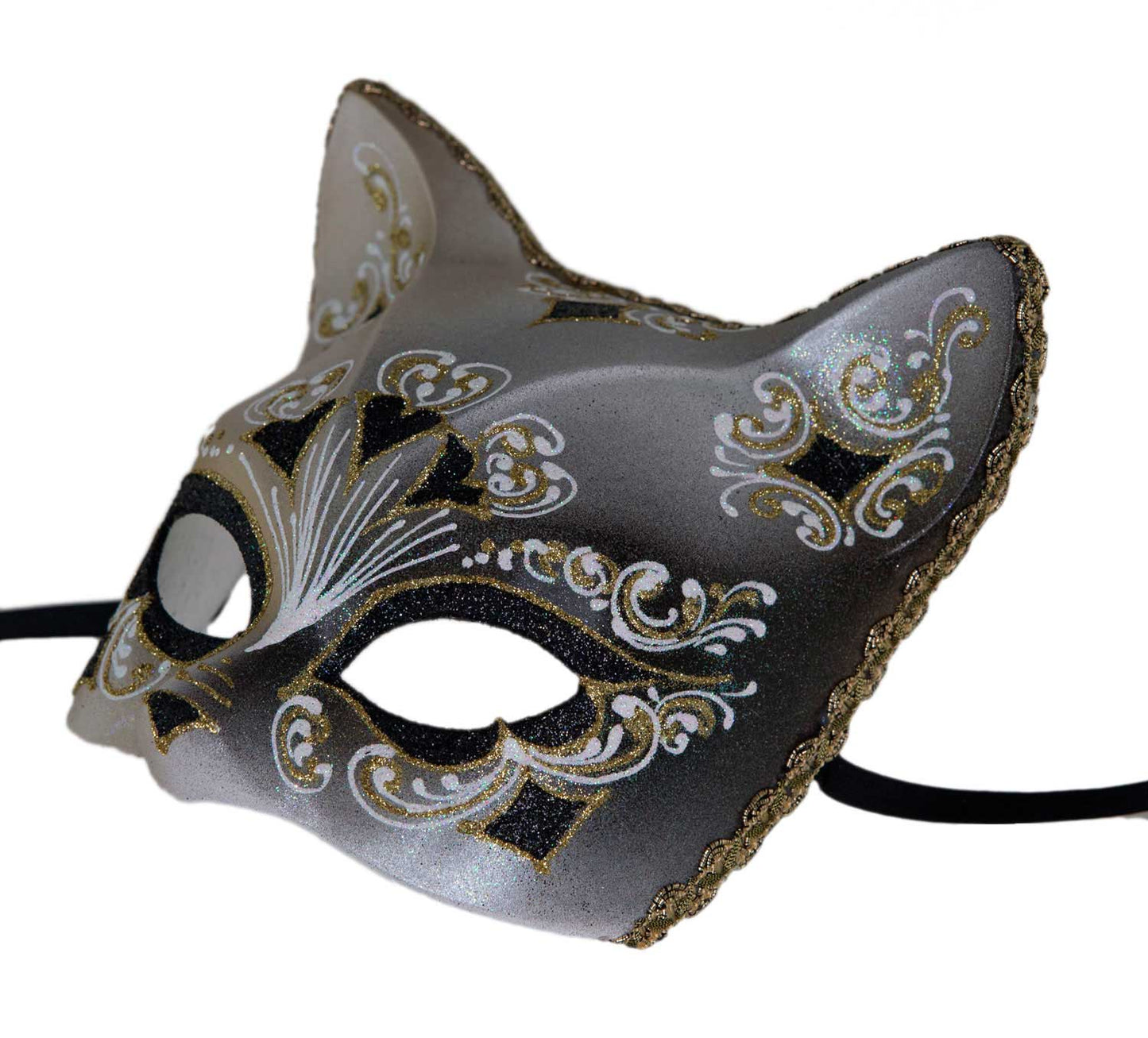 Masque Chat Gatto Doré Floral Cœur Noir – Artisanat Authentique de Venise