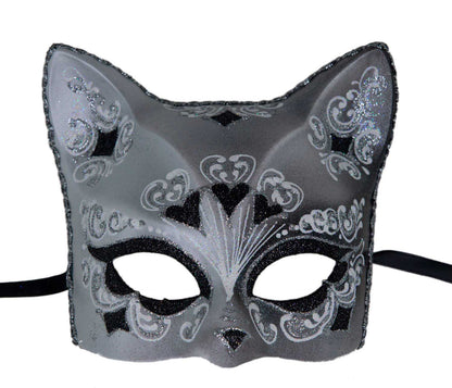 Masque Chat Gatto Argenté Floral Cœur Noir – Artisanat Authentique de Venise