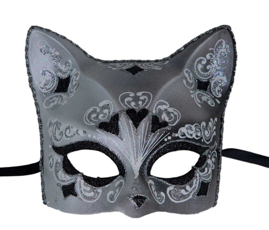 Masque Chat Gatto Argenté Floral Cœur Noir – Artisanat Authentique de Venise