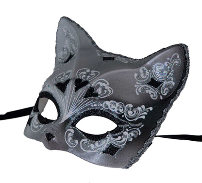 Masque Chat Gatto Argenté Floral Cœur Noir – Artisanat Authentique de Venise