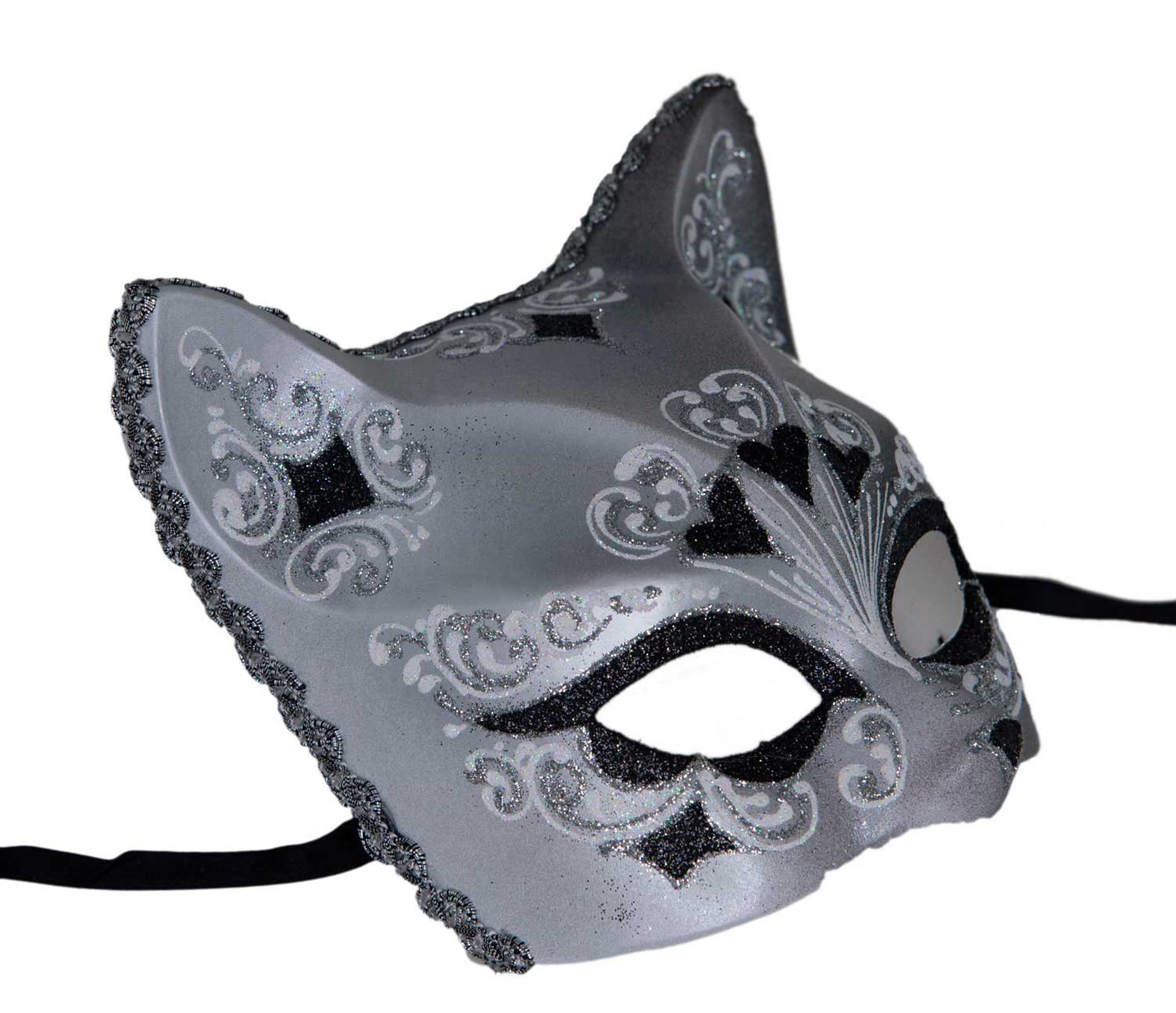 Masque Chat Gatto Argenté Floral Cœur Noir – Artisanat Authentique de Venise