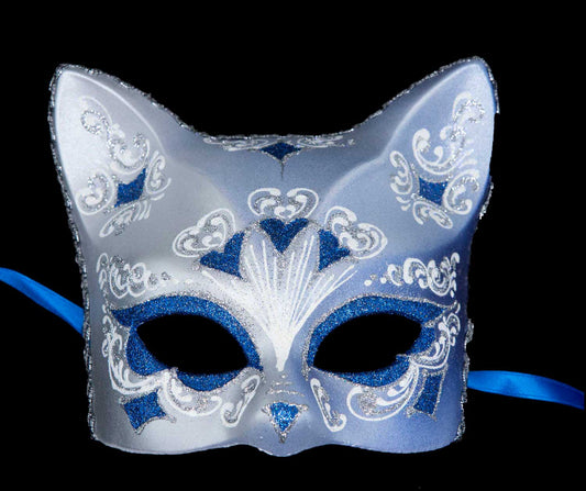 Masque Chat Gatto Argenté Floral Cœur Bleu – Artisanat Authentique de Venise