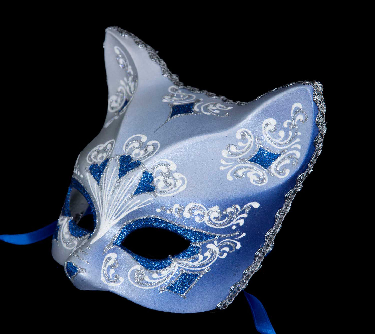 Masque Chat Gatto Argenté Floral Cœur Bleu – Artisanat Authentique de Venise