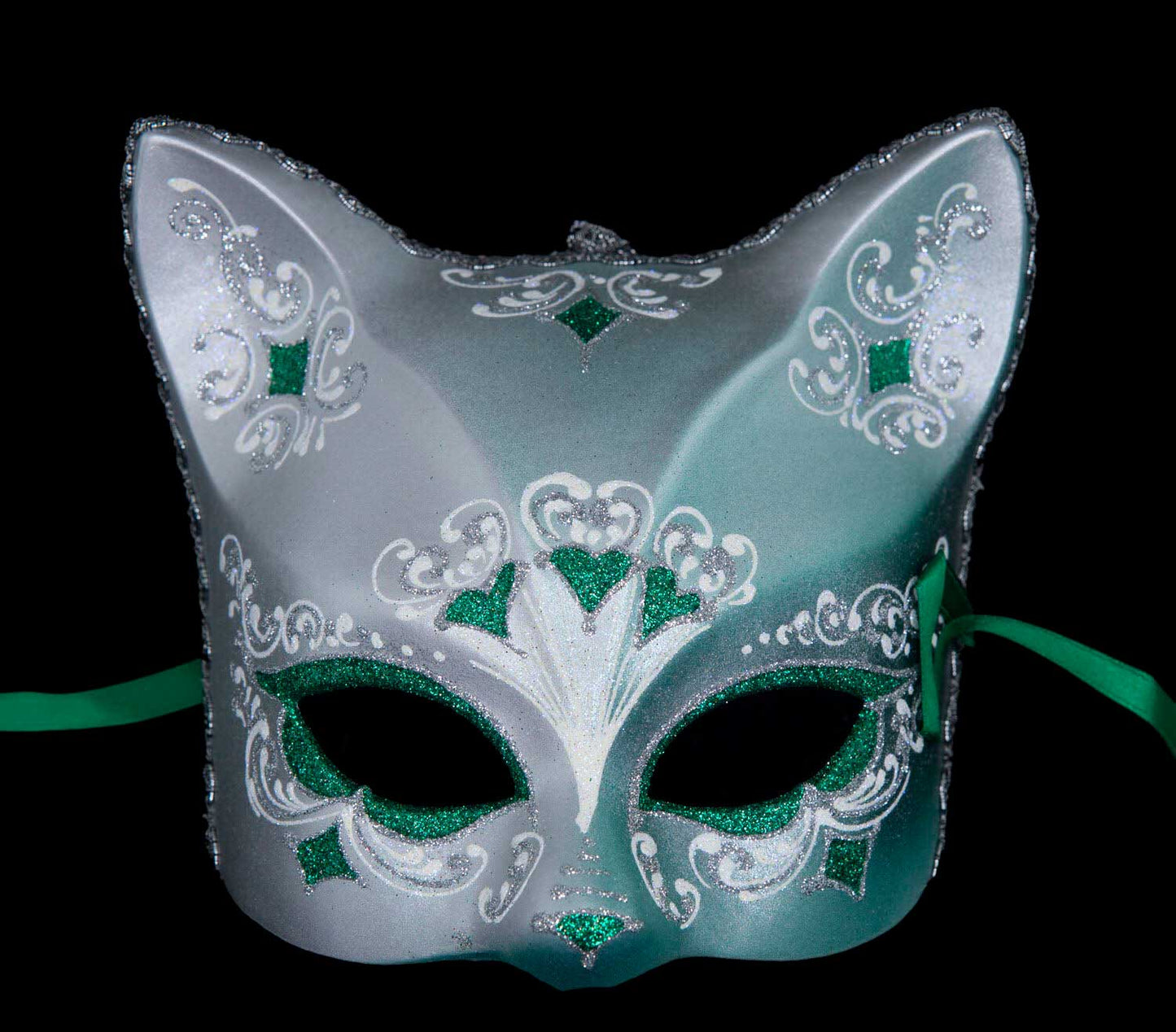 Masque Chat Gatto Rose Argenté Floral Cœur Vert – Artisanat Authentique de Venise