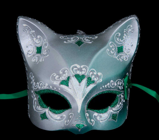 Masque Chat Gatto Rose Argenté Floral Cœur Vert – Artisanat Authentique de Venise