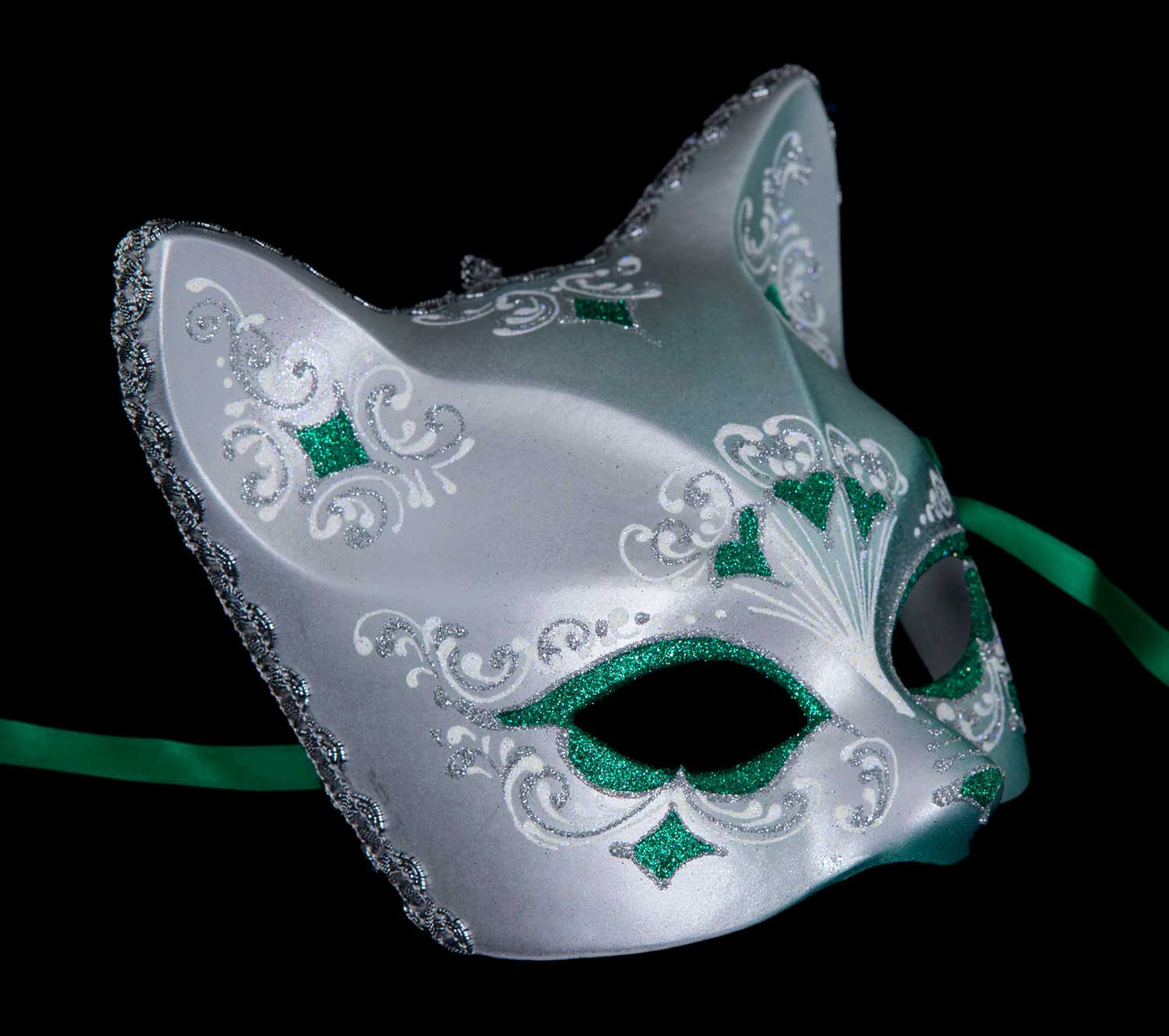 Masque Chat Gatto Rose Argenté Floral Cœur Vert – Artisanat Authentique de Venise