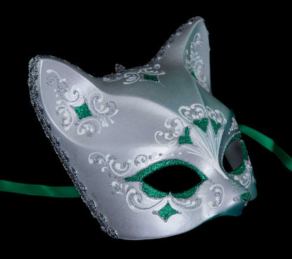 Masque Chat Gatto Rose Argenté Floral Cœur Vert – Artisanat Authentique de Venise