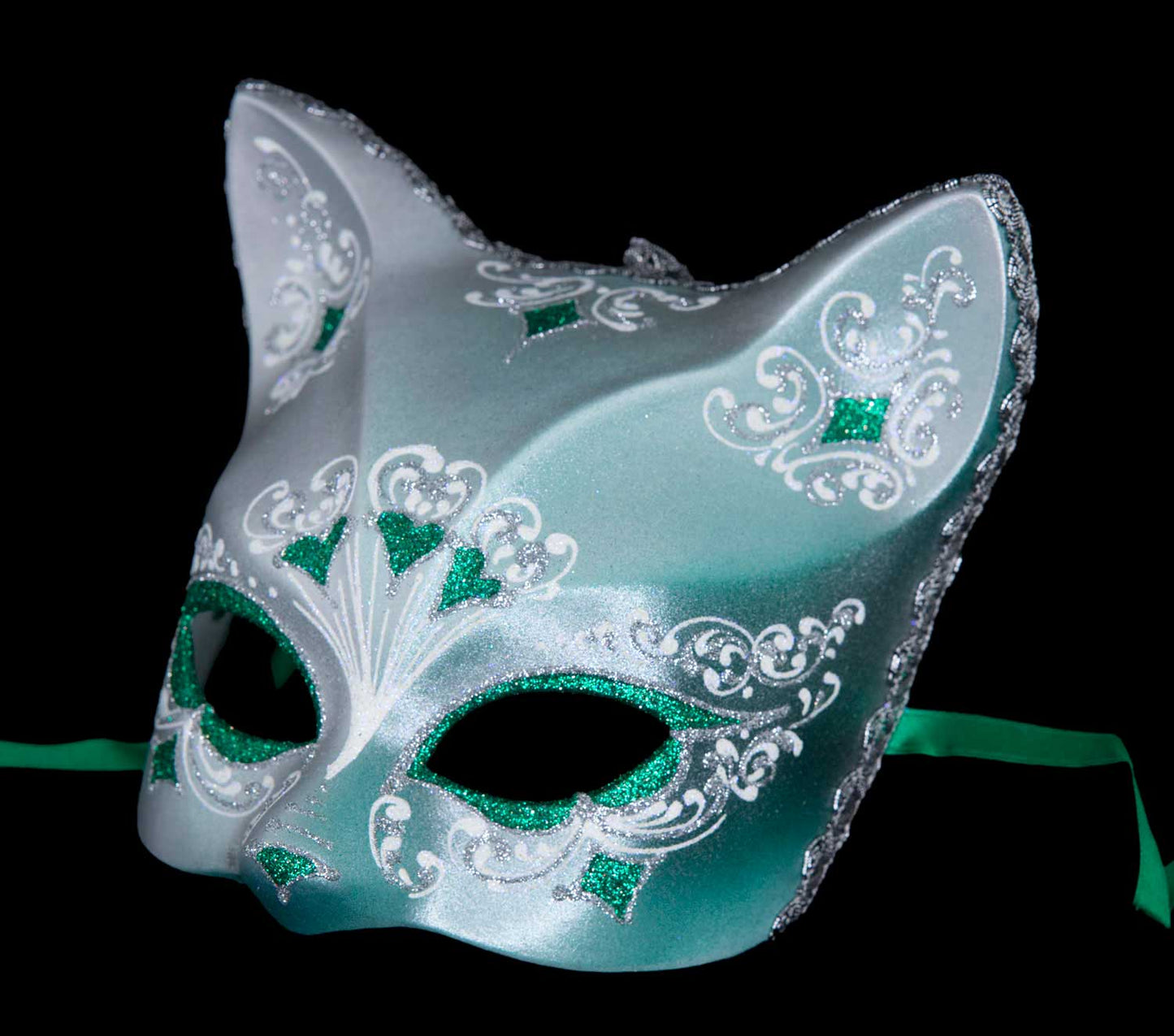 Masque Chat Gatto Rose Argenté Floral Cœur Vert – Artisanat Authentique de Venise