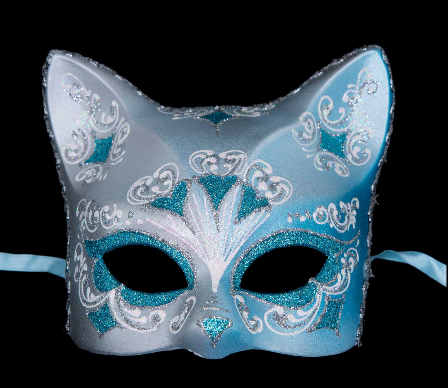 Masque Chat Gatto Argenté Floral Cœur Bleu Ciel – Artisanat Authentique de Venise