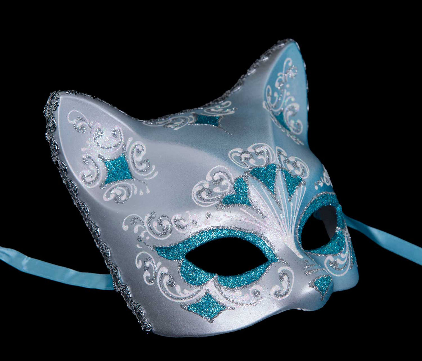 Masque Chat Gatto Argenté Floral Cœur Bleu Ciel – Artisanat Authentique de Venise