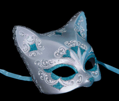 Masque Chat Gatto Argenté Floral Cœur Bleu Ciel – Artisanat Authentique de Venise