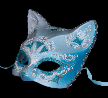 Masque Chat Gatto Argenté Floral Cœur Bleu Ciel – Artisanat Authentique de Venise