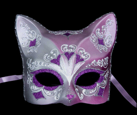 Masque Chat Gatto Argenté Floral Cœur Violet – Artisanat Authentique de Venise