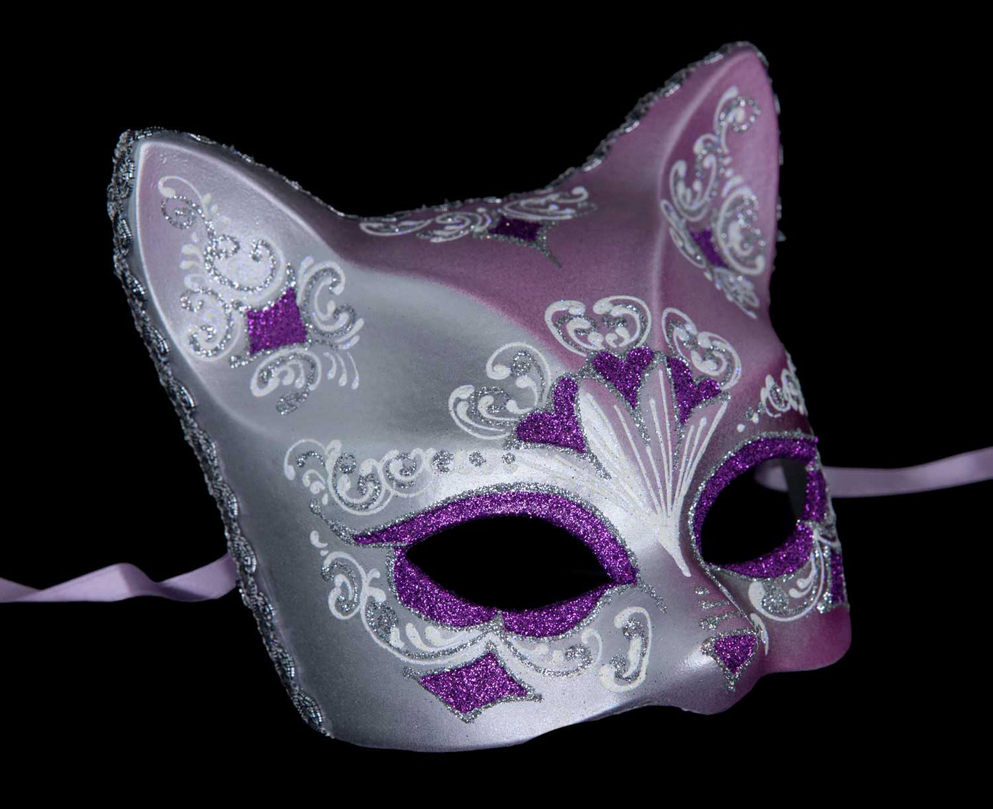 Masque Chat Gatto Argenté Floral Cœur Violet – Artisanat Authentique de Venise