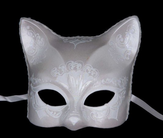Masque Chat Gatto Blanc Floral – Artisanat Authentique de Venise