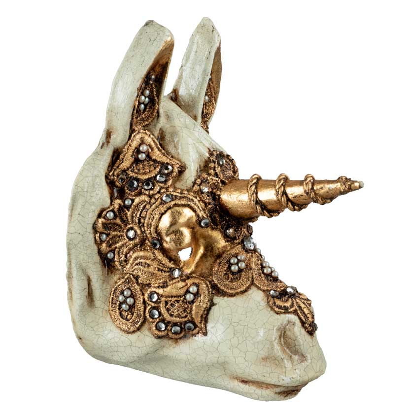 Masque Vénitien Macramé La Licorne Dorée avec Strass et Perles – Artisanat Authentique de Venise