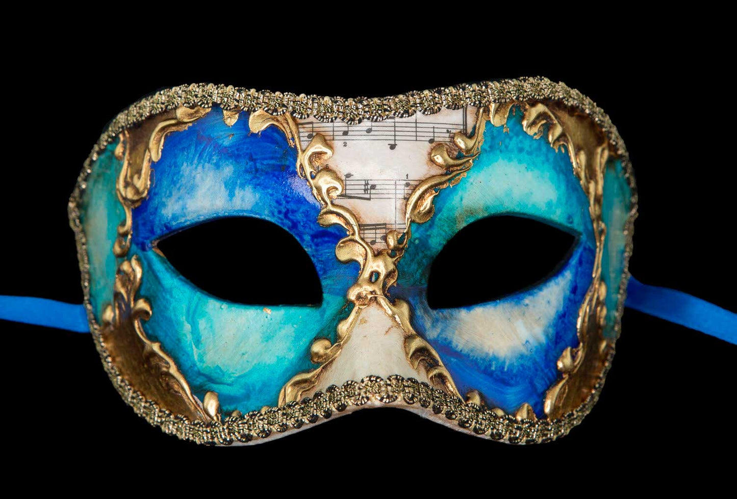 Masque Vénitien Colombine Musica Bleu Doré – Artisanat Authentique de Venise
