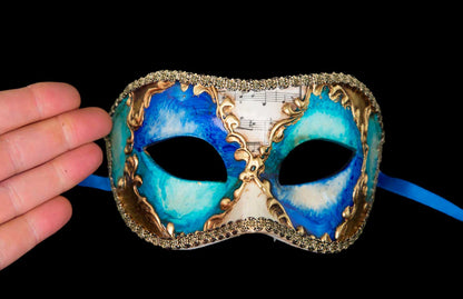 Masque Vénitien Colombine Musica Bleu Doré – Artisanat Authentique de Venise