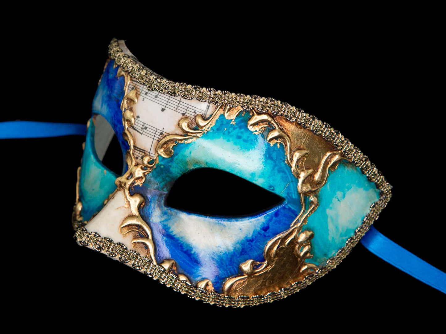 Masque Vénitien Colombine Musica Bleu Doré – Artisanat Authentique de Venise