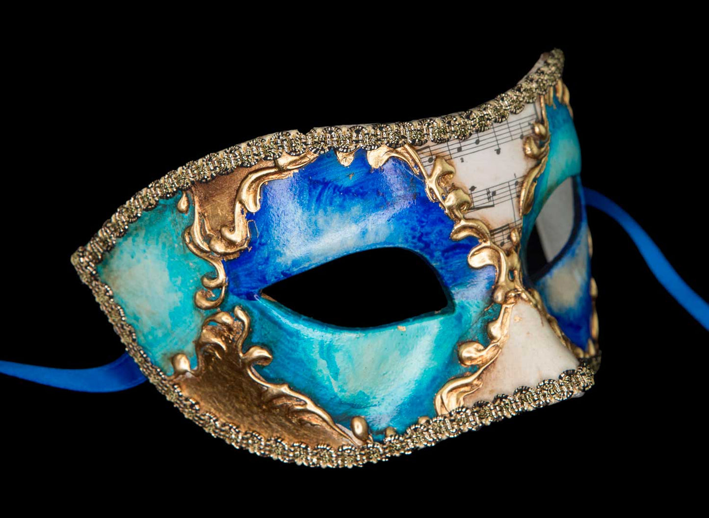Masque Vénitien Colombine Musica Bleu Doré – Artisanat Authentique de Venise