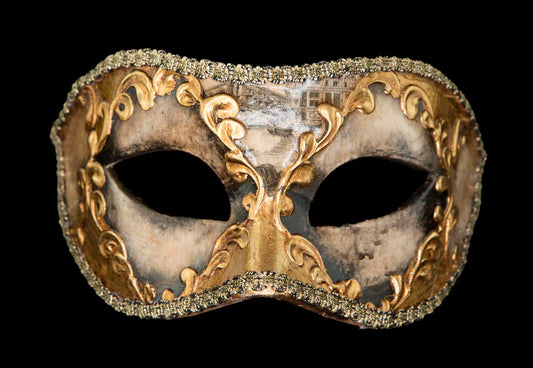 Masque Vénitien Colombine Pont du Rialto Écru Gris Doré – Artisanat Authentique de Venise