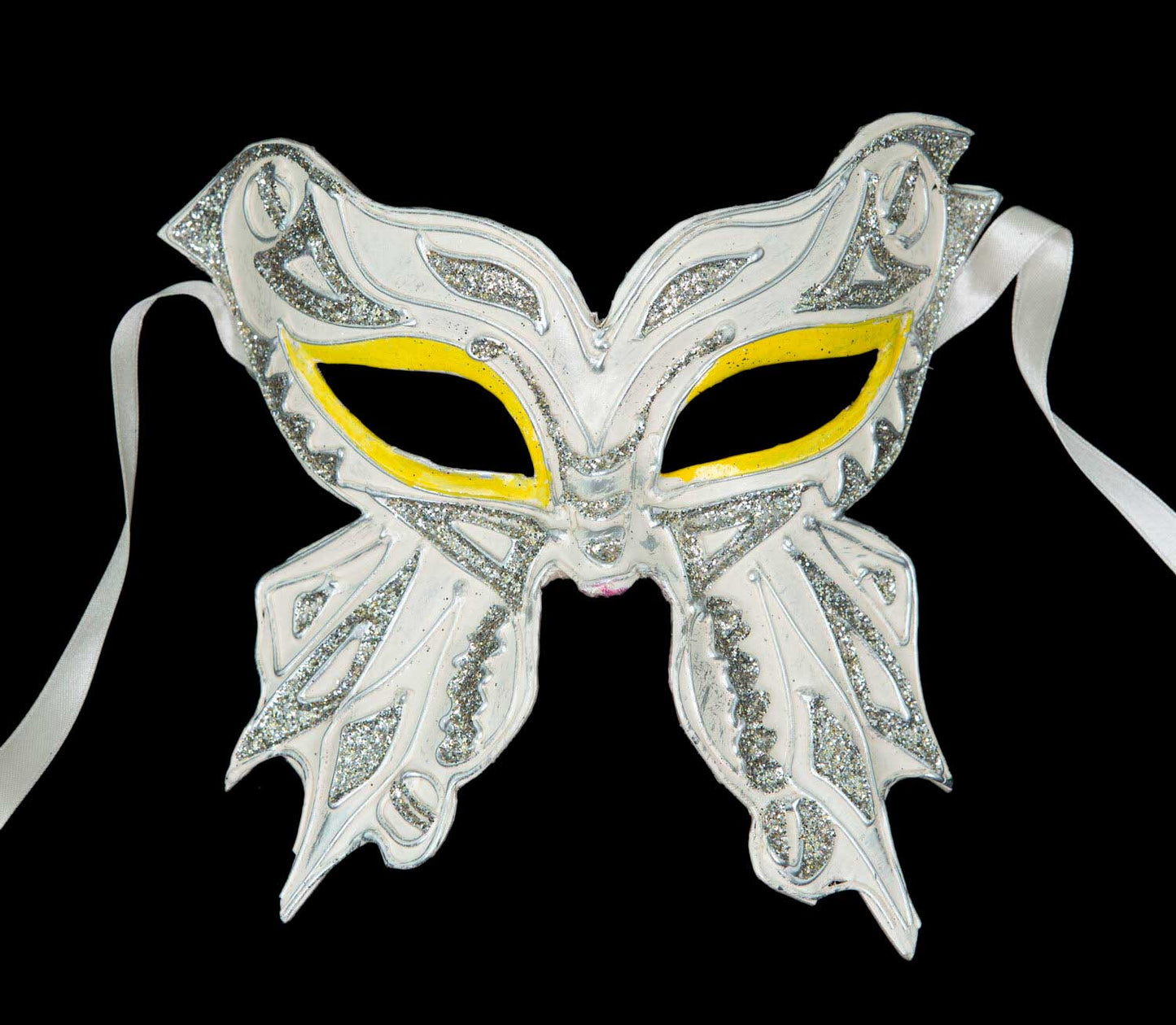 Masque Colombine Farfella Papillon Blanc Jaune et Argenté – Artisanat Authentique de Venise