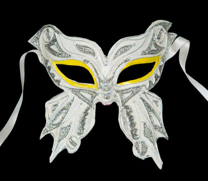 Masque Colombine Farfella Papillon Blanc Jaune et Argenté – Artisanat Authentique de Venise