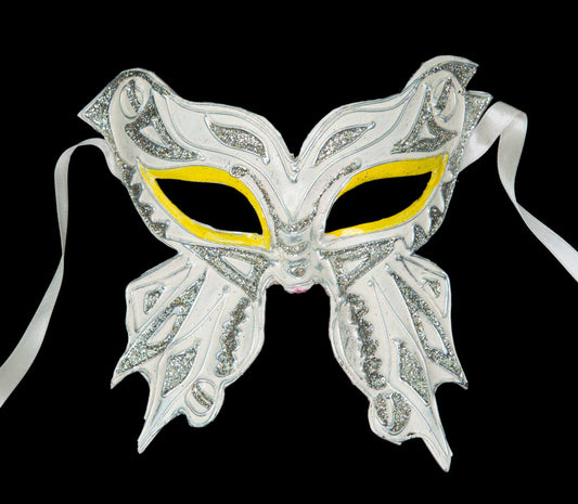 Masque Colombine Farfella Papillon Blanc Jaune et Argenté – Artisanat Authentique de Venise
