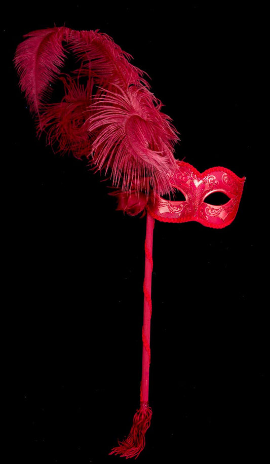 Masque Colombine à Bâton Rouge et Plumes – Artisanat Authentique de Venise