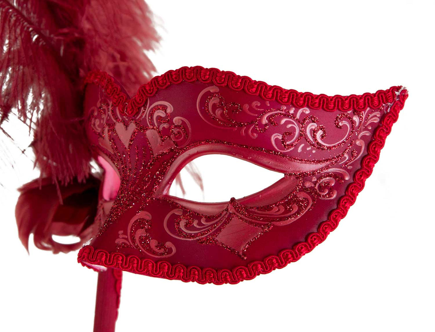 Masque Colombine à Bâton Rouge et Plumes – Artisanat Authentique de Venise