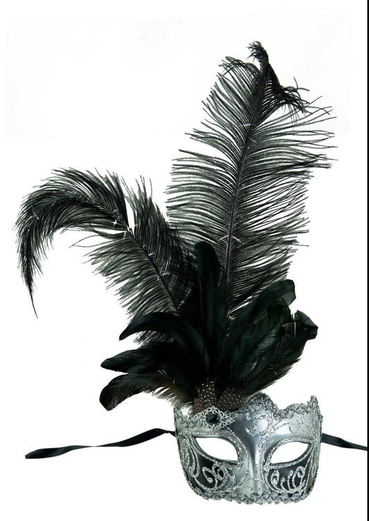 Masque à Pointe Noir et Argenté à Plumes – Artisanat Authentique de Venise