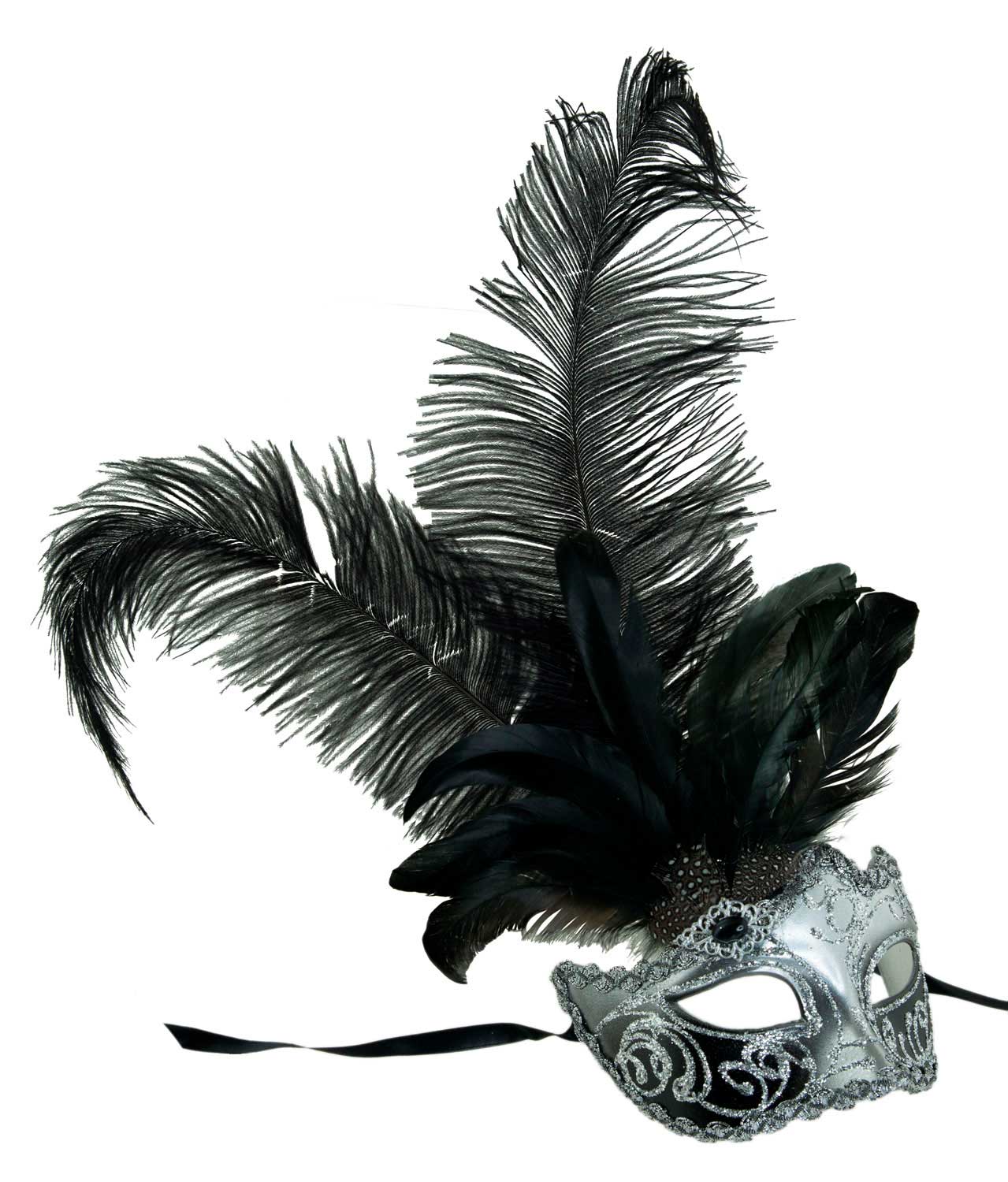 Masque à Pointe Noir et Argenté à Plumes – Artisanat Authentique de Venise