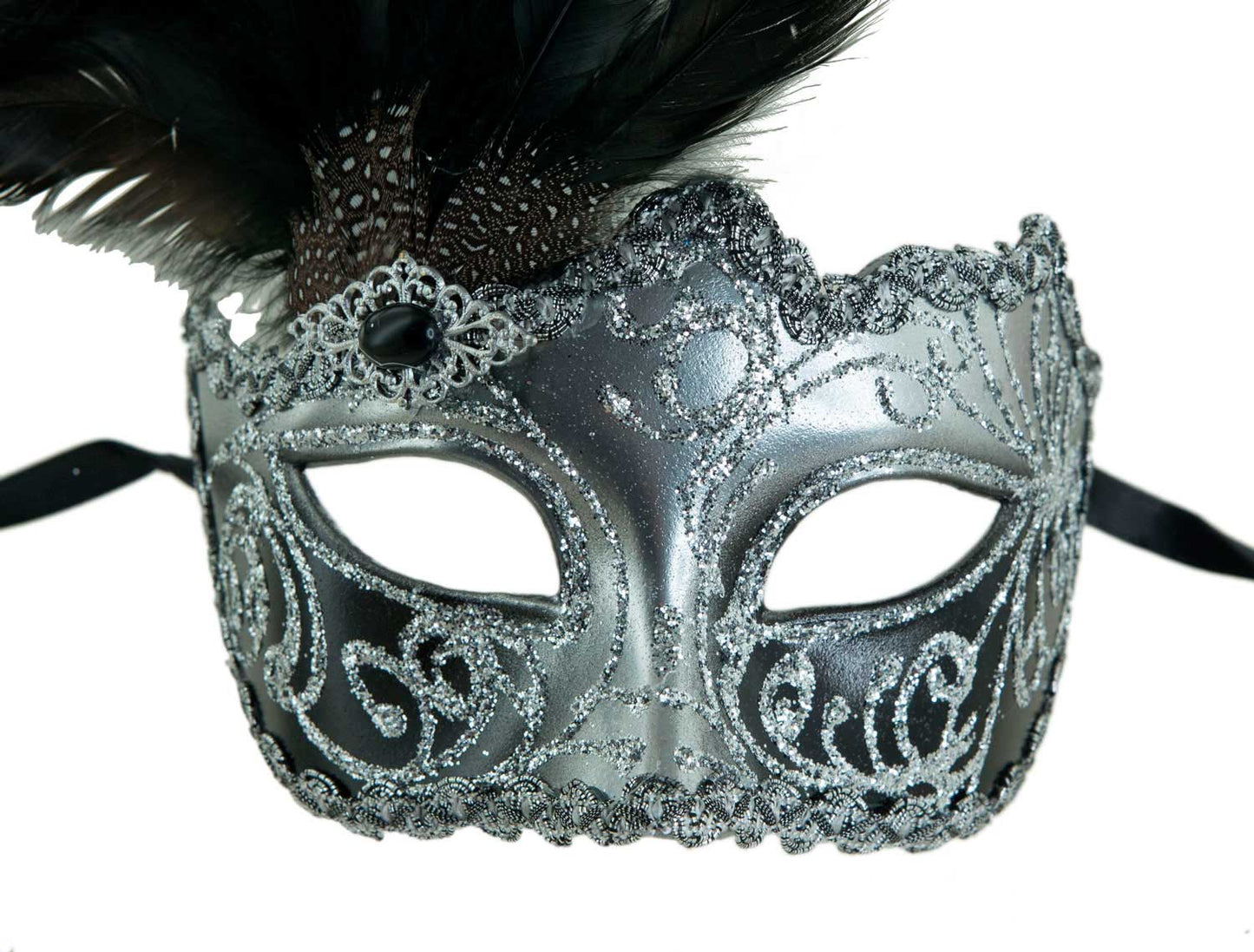 Masque à Pointe Noir et Argenté à Plumes – Artisanat Authentique de Venise