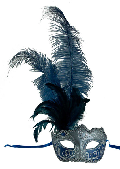Masque à Pointe Bleu Royal et Argenté à Plumes – Artisanat Authentique de Venise