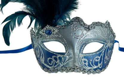 Masque à Pointe Bleu Royal et Argenté à Plumes – Artisanat Authentique de Venise