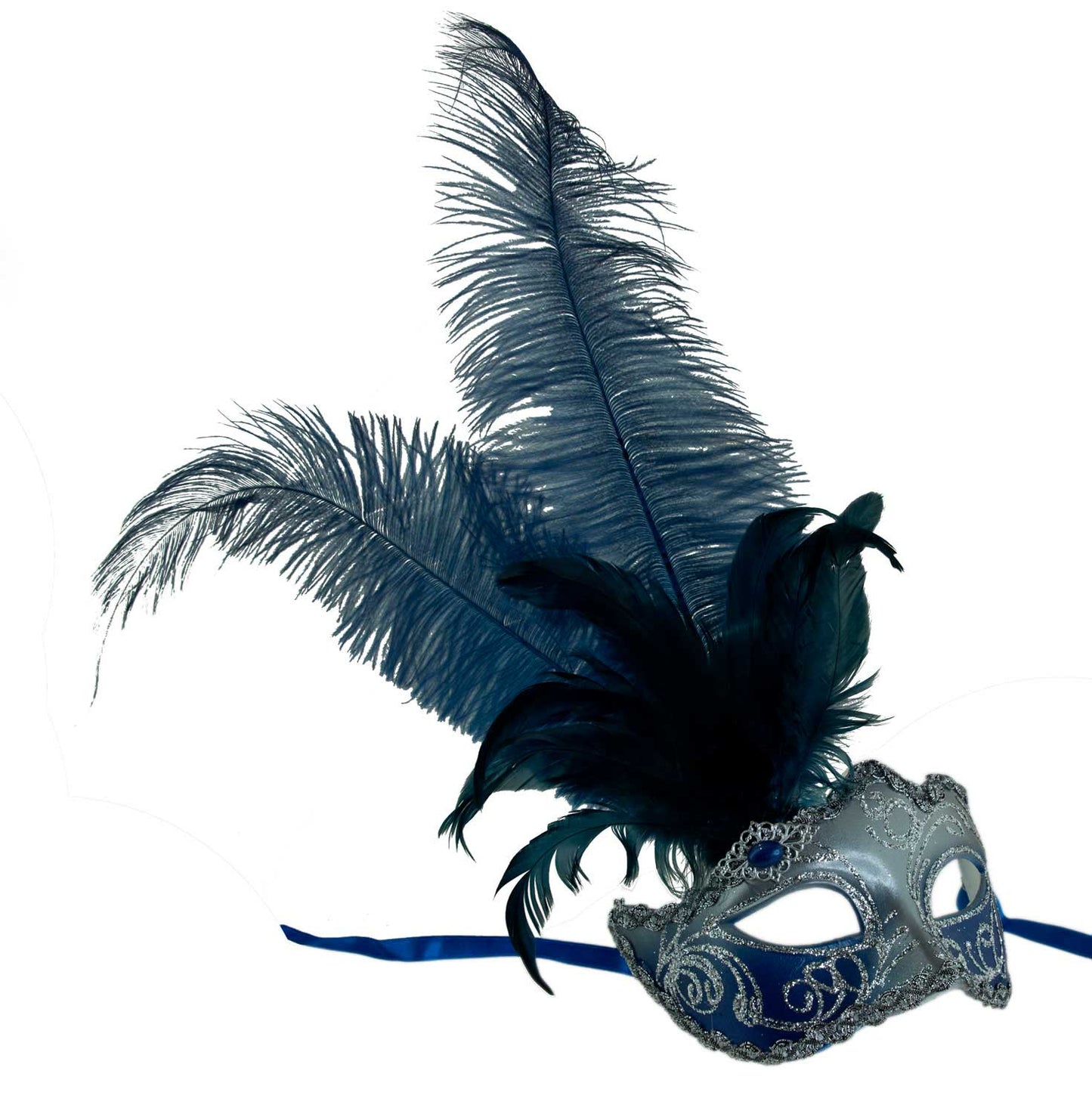 Masque à Pointe Bleu Royal et Argenté à Plumes – Artisanat Authentique de Venise