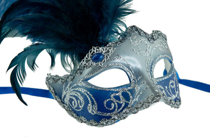 Masque à Pointe Bleu Royal et Argenté à Plumes – Artisanat Authentique de Venise