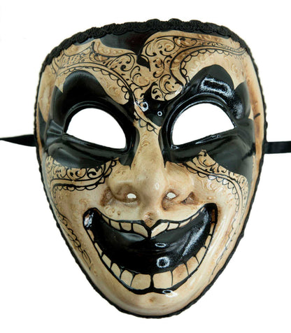 Masque Vénitien Visage Joker Noir et Blanc Antique – Artisanat Authentique de Venise