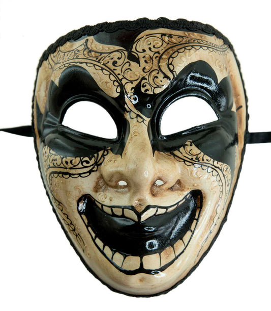 Masque Vénitien Visage Joker Noir et Blanc Antique – Artisanat Authentique de Venise