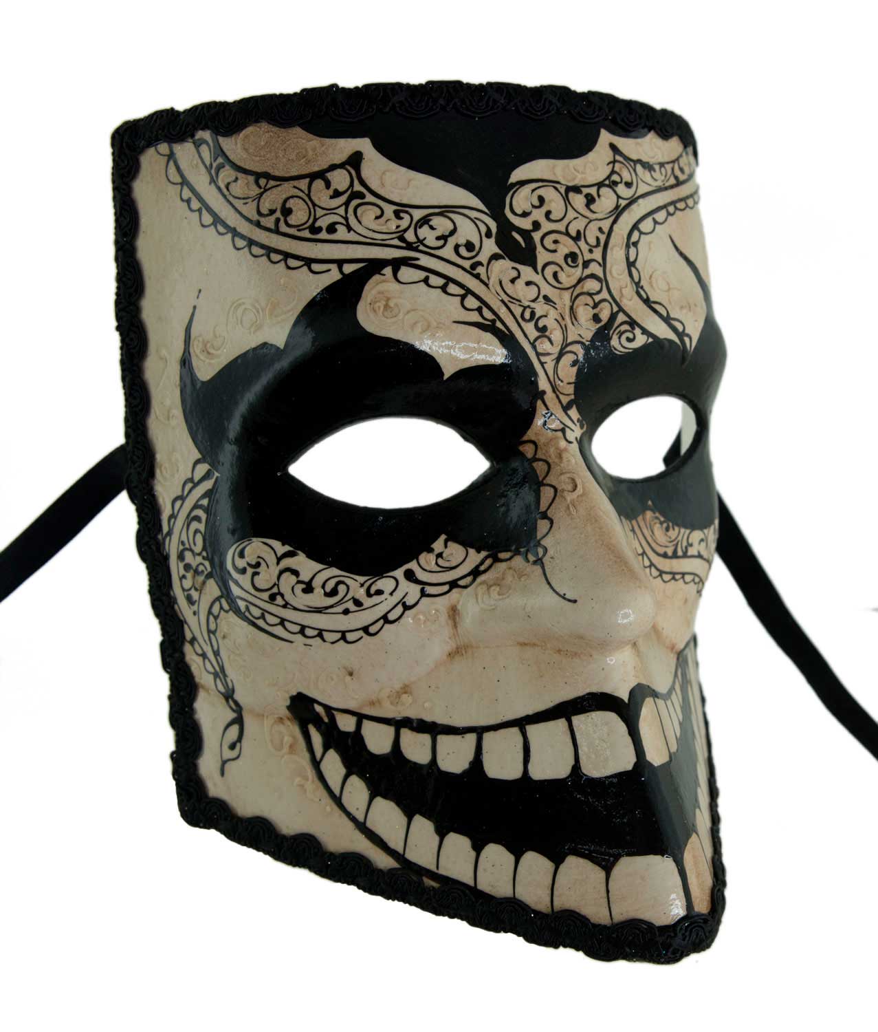 Masque Vénitien Bauta Noir et Blanc Antique Calavera – Artisanat Authentique de Venise