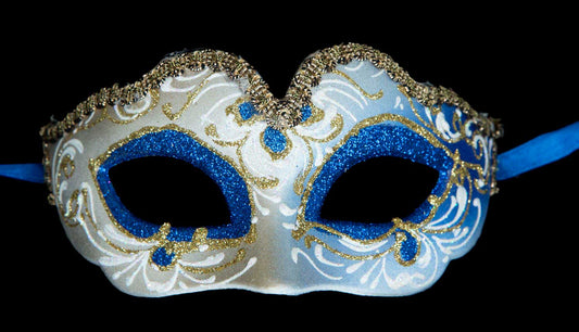 Masque Vénitien Colombine Ondine Bleu Doré pour Petit Visage – Artisanat Authentique de Venise