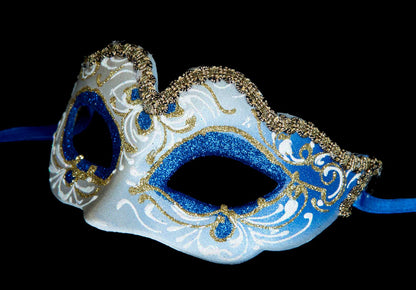 Masque Vénitien Colombine Ondine Bleu Doré pour Petit Visage – Artisanat Authentique de Venise