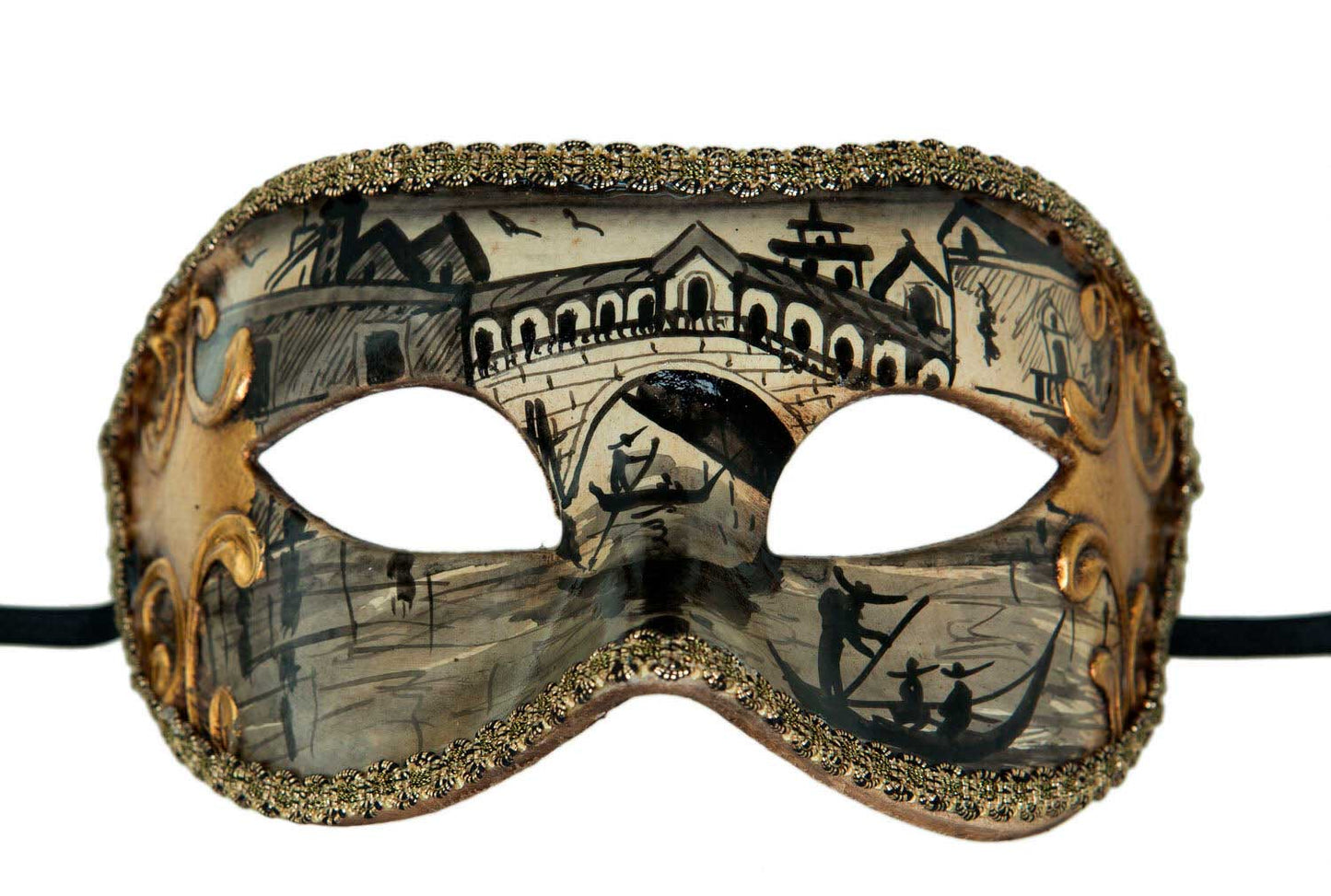 Masque Vénitien Colombine Pont du Rialto Noir Doré – Artisanat Authentique de Venise
