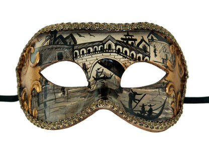 Masque Vénitien Colombine Pont du Rialto Noir Doré – Artisanat Authentique de Venise