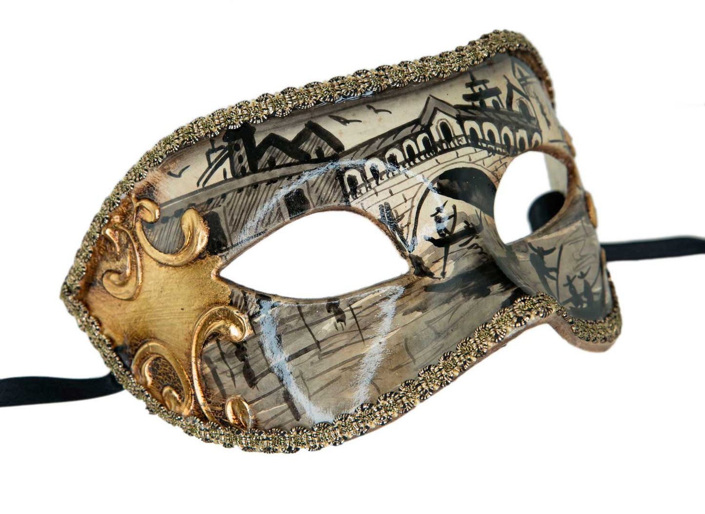 Masque Vénitien Colombine Pont du Rialto Noir Doré – Artisanat Authentique de Venise