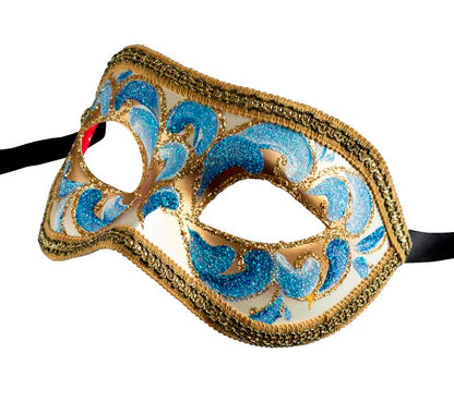 Masque Colombine Bleu et Doré – Élégance Authentique du Carnaval de Venise