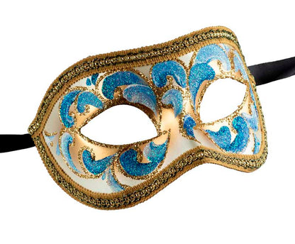 Masque Colombine Bleu et Doré – Élégance Authentique du Carnaval de Venise