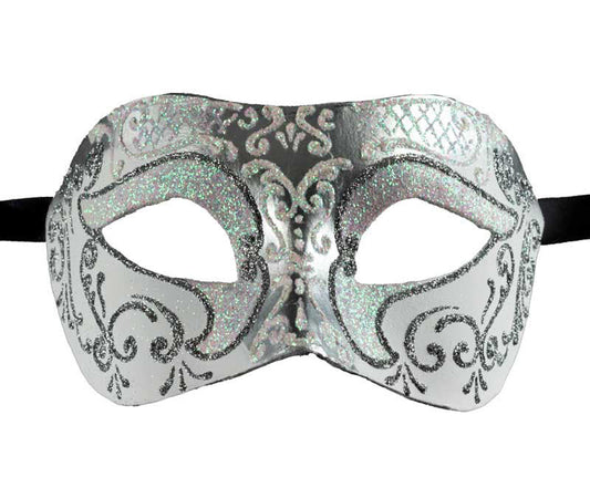Masque Colombine Blanc Argenté Nacré Rose – Artisanat Authentique de Venise