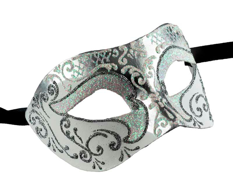 Masque Colombine Blanc Argenté Nacré Rose – Artisanat Authentique de Venise