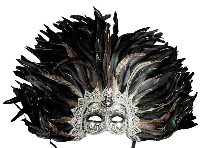 Masque Colombine Noir Argenté à Plumes – Artisanat Authentique de Venise